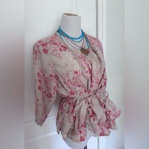 Magnolia Pearl Floral Tie-Waist Blouse in Pink Rose